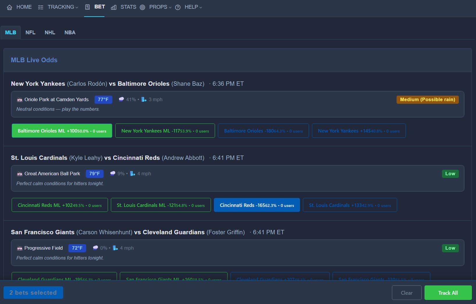 Betting Page Interface