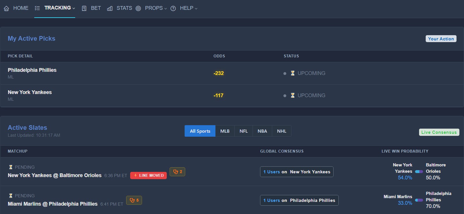Betting Page Interface